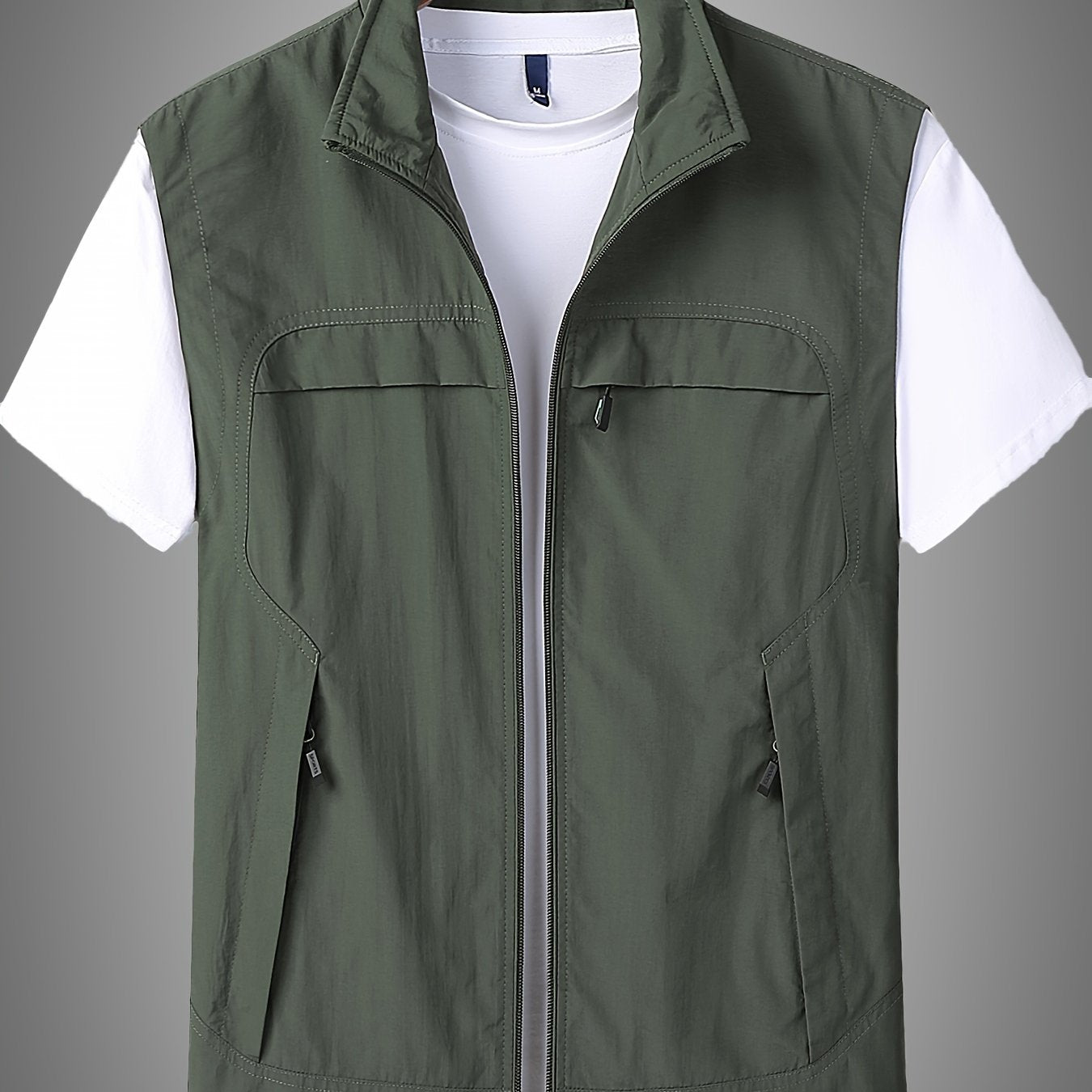 Solid Casual Nylon Men's Zip Up Sleeveless Vest Jacket, Men's Breathable Summer Outdoor Jacket With Multiple Zipper Pockets, Hiking Fishing Camping