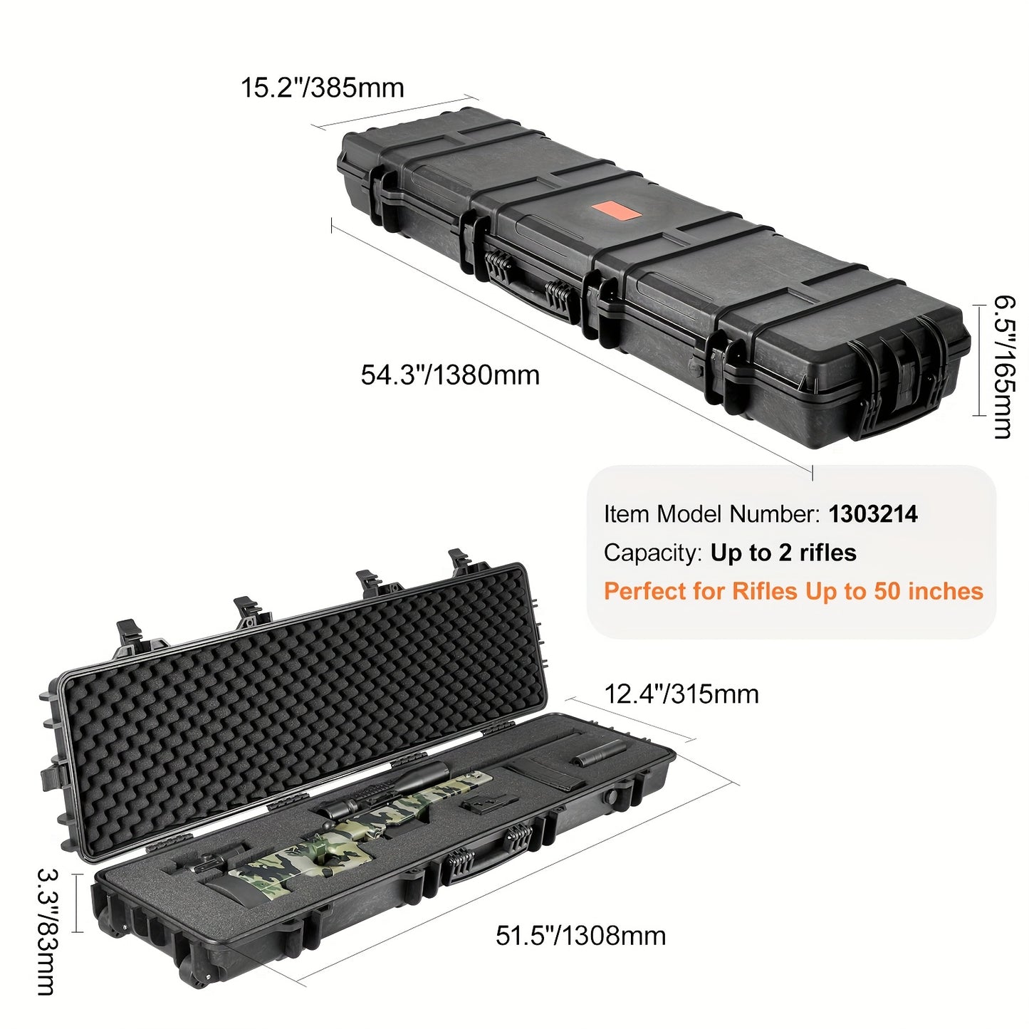 VEVOR 127.0cm Lockable Rifle Case with Wheels, 3-Layer Fully-Protective Foam, High Quality & Crushproof Hard Gun Case for Two Rifles/Shotguns & Airsoft Guns - Hunting & Fishing Gear, Gun Accessories
