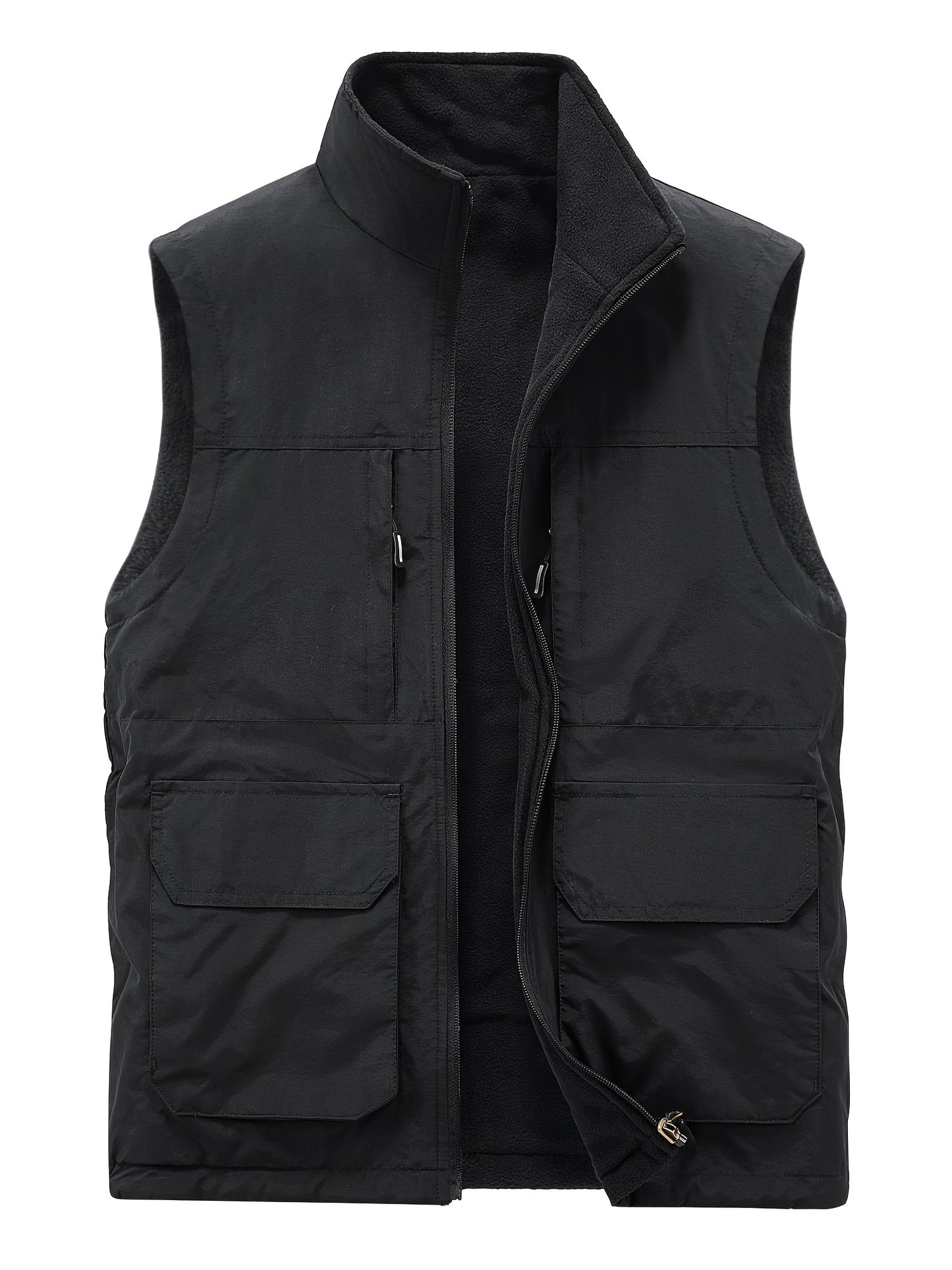 Multi Pockets Reversible Cargo Vest, Men's Casual Outwear Stand Collar Zip Up Vest For Outdoor Fishing Photography