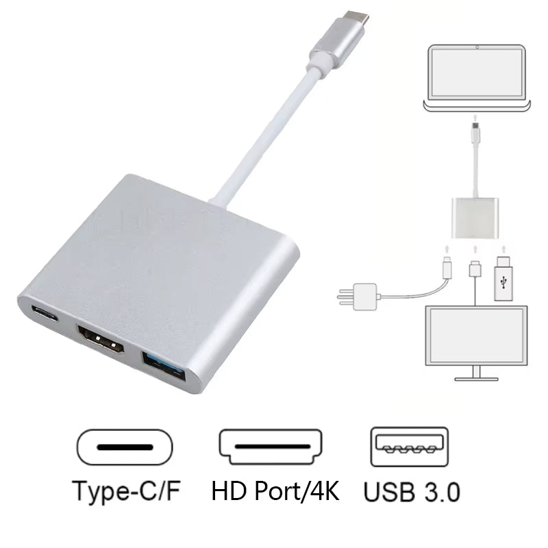 Type C to Hdmi-Compatible Converter Adapter Usbc to Hdmi-Compatible/Usb3.0/Type C Adapter Type-C HUB Aluminum for Macbook