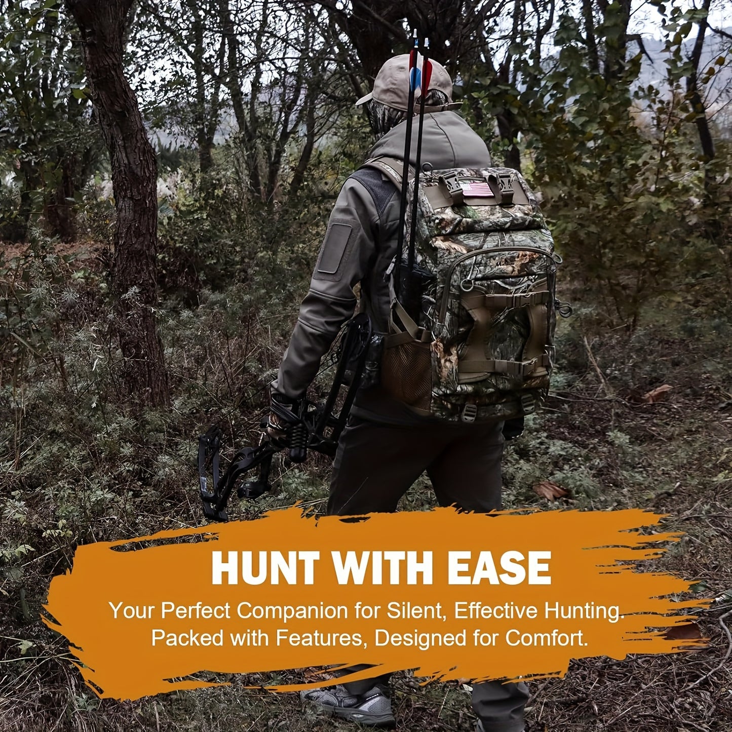 Hunting Backpack, Camo Hunting Pack with Rain Cover, Long-Lasting Large Capacity Hunting Day Pack for Rifle Bow Gun