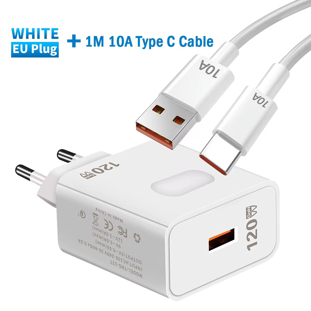 120W Gan USB C Charger QC3.0 Quick Charge Mobile Phones Charger Adaptor 10A Type C Cable for Xiaomi Samsung Iphone Fast Chargers