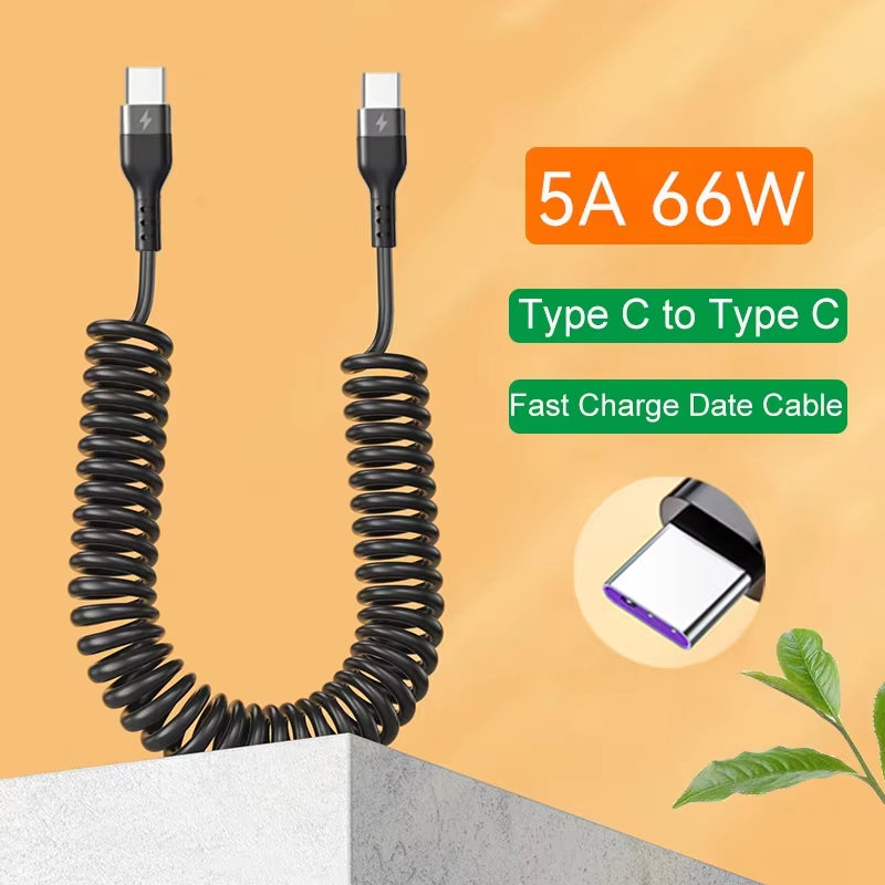 USB Type C 66W Car 5A Fast Charging Type C to Type C Spring Telescopic Cable for Iphone 15 Samsung Huawei Xiaomi Redmi Oneplus