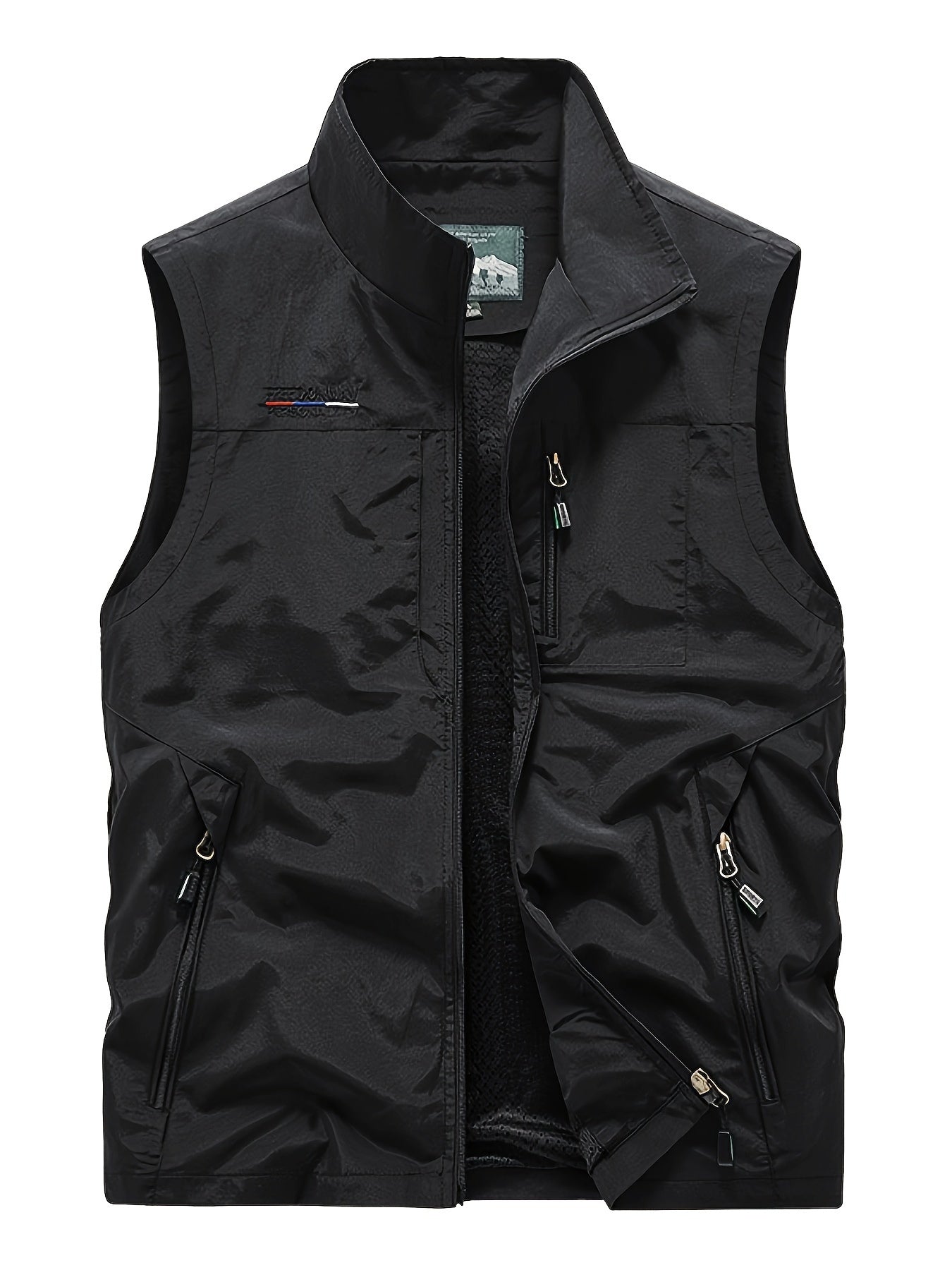 Zipper Pockets Cargo Vest, Men's Casual Outwear Stand Collar Zip Up Vest For Spring Summer Outdoor Fishing Photography