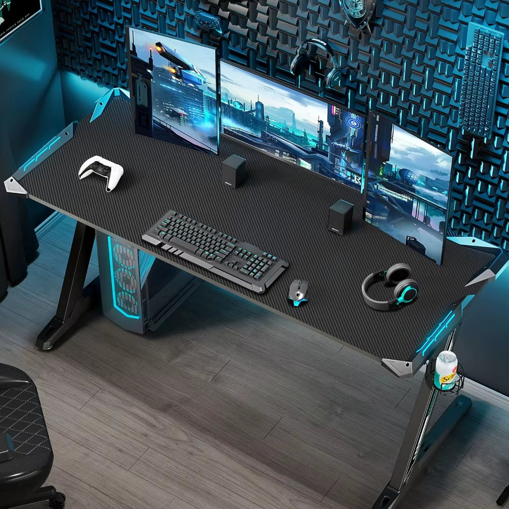 Z-Shaped Gaming Desk 60-Inch, RGB LED Computer Desk with Built-In Mouse Pad, Ergonomic PC Gaming Table