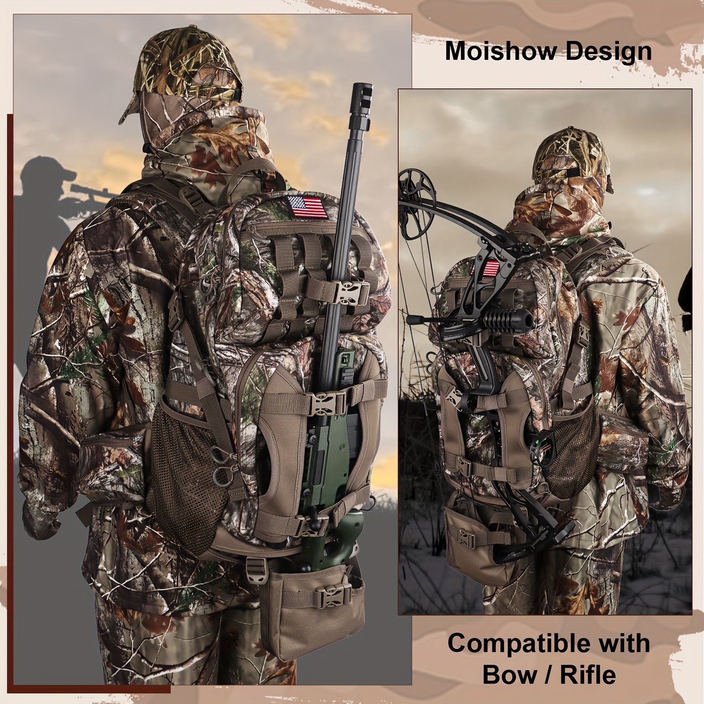 Moishow Hunting Backpack, Camo Hunting Backpacks for Men, Silent Hunting Pack with Bow & Rifle Holder, Hunting Day Pack for Rifle Bow Gun, Hunting Bag