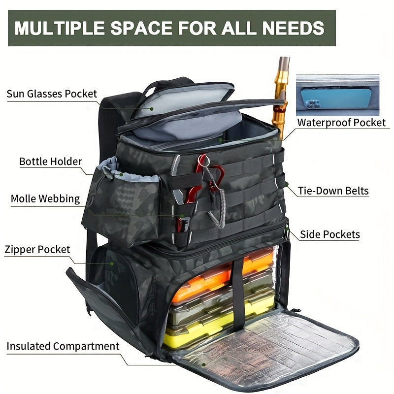 Fishing Tackles Storage Backpack With Cooler, Large Fishing Bag With Rod Holders, Outdoor Camping Hiking Portable Tactical Sports Bag