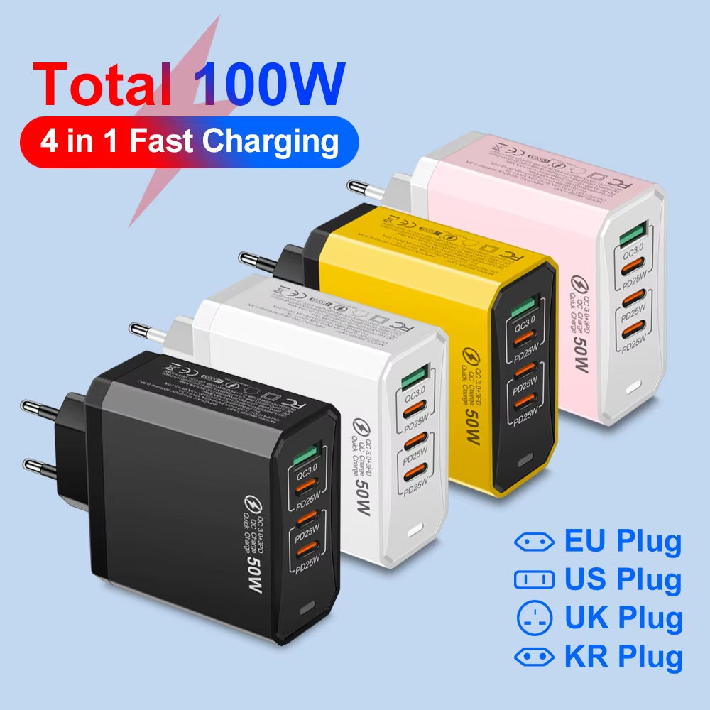Total 100W USB Charger Phone Charger Fast Charging for Xiaomi Samsung Huawei Travel Charger Adaptor for Iphone Quick Charger