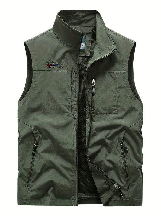 Zipper Pockets Cargo Vest, Men's Casual Outwear Stand Collar Zip Up Vest For Spring Summer Outdoor Fishing Photography