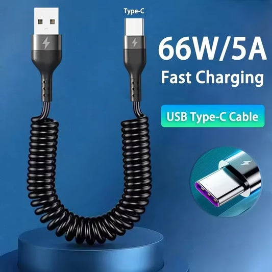 USB Type C 66W Car 5A Fast Charging Type C to Type C Spring Telescopic Cable for Iphone 15 Samsung Huawei Xiaomi Redmi Oneplus
