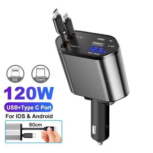 Car Charger Adaptor 120W Fast Charge USB Type C Fast Charger Cable with Retractable Cords Fit for Iphone 16/15/14/13/12 Samsung