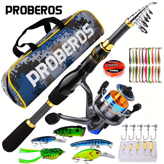 PROBEROS Complete Fishing Kit: 149.35cm-240.79cm Lightweight Glass Steel Spinning Rod & Reel Combo, Colorful Lures, Sinkers, Hooks with Camo Storage Bag - Perfect for Freshwater & Saltwater, Fishing Hooks