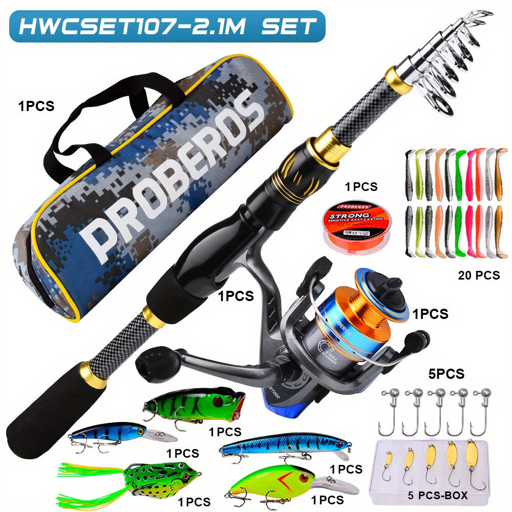 PROBEROS Complete Fishing Kit: 149.35cm-240.79cm Lightweight Glass Steel Spinning Rod & Reel Combo, Colorful Lures, Sinkers, Hooks with Camo Storage Bag - Perfect for Freshwater & Saltwater, Fishing Hooks