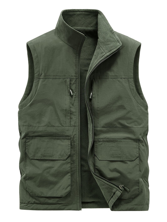 Multi Pockets Reversible Cargo Vest, Men's Casual Outwear Stand Collar Zip Up Vest For Outdoor Fishing Photography