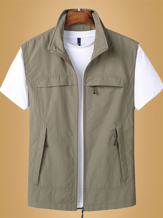 Solid Casual Nylon Men's Zip Up Sleeveless Vest Jacket, Men's Breathable Summer Outdoor Jacket With Multiple Zipper Pockets, Hiking Fishing Camping