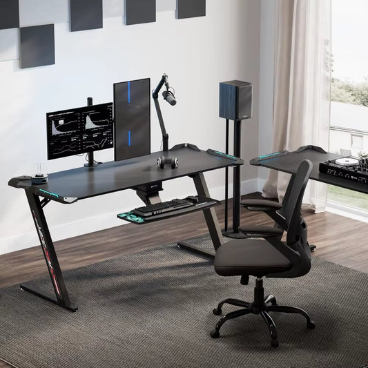 Z-Shaped Gaming Desk 60-Inch, RGB LED Computer Desk with Built-In Mouse Pad, Ergonomic PC Gaming Table