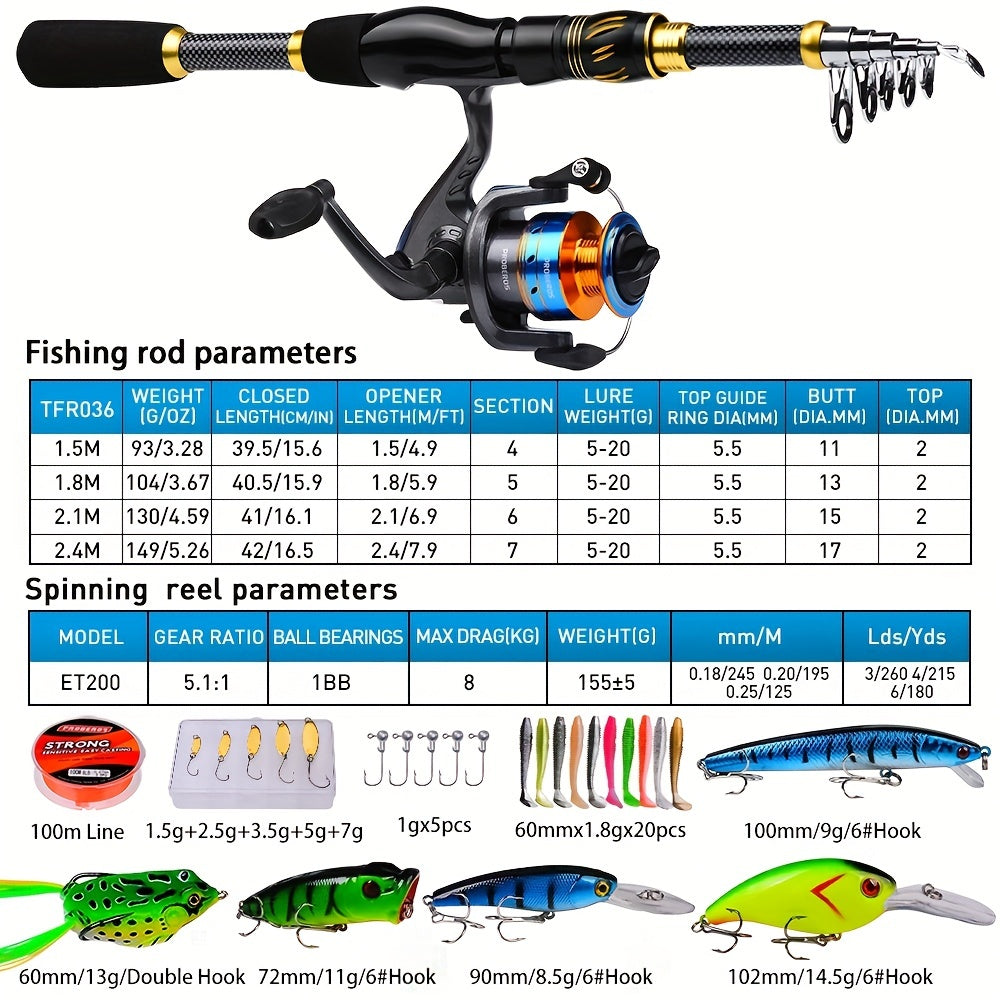 PROBEROS Complete Fishing Kit: 149.35cm-240.79cm Lightweight Glass Steel Spinning Rod & Reel Combo, Colorful Lures, Sinkers, Hooks with Camo Storage Bag - Perfect for Freshwater & Saltwater, Fishing Hooks
