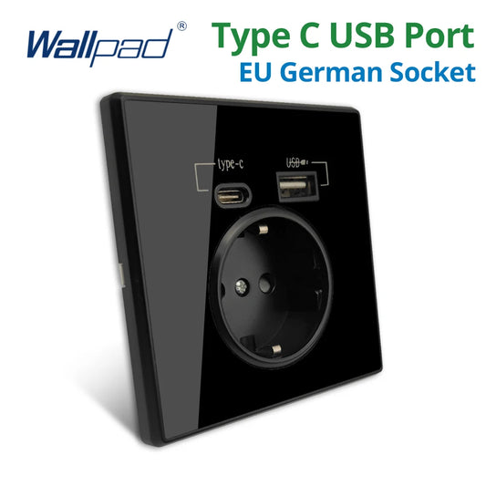 Type-C A Interface Outlet Acrylic Mirror Crystal Panel Black Wall EU Russia Spain French Socket With USB Charge 5V 2100mA Holder