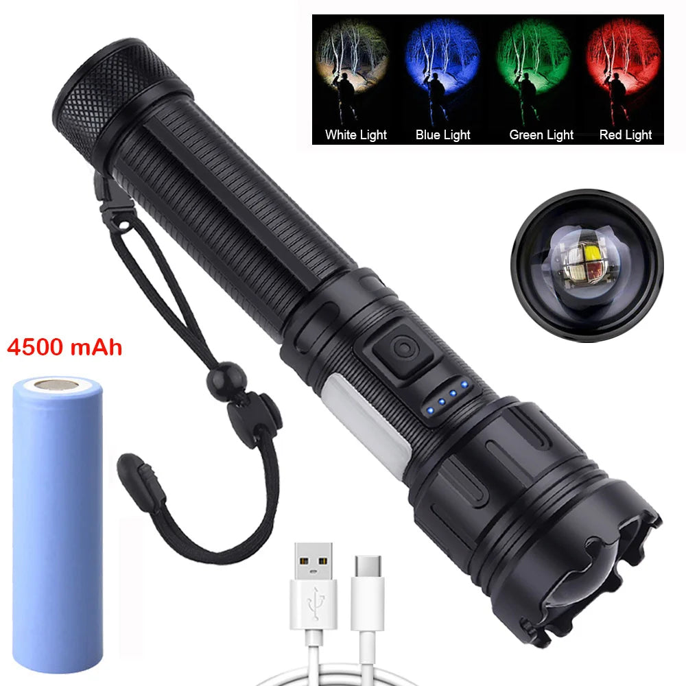 Tactical 4 in 1 Green Red Blue White Light LED Flashlight Type-C Fast Charging Torch for Hunting Fishing