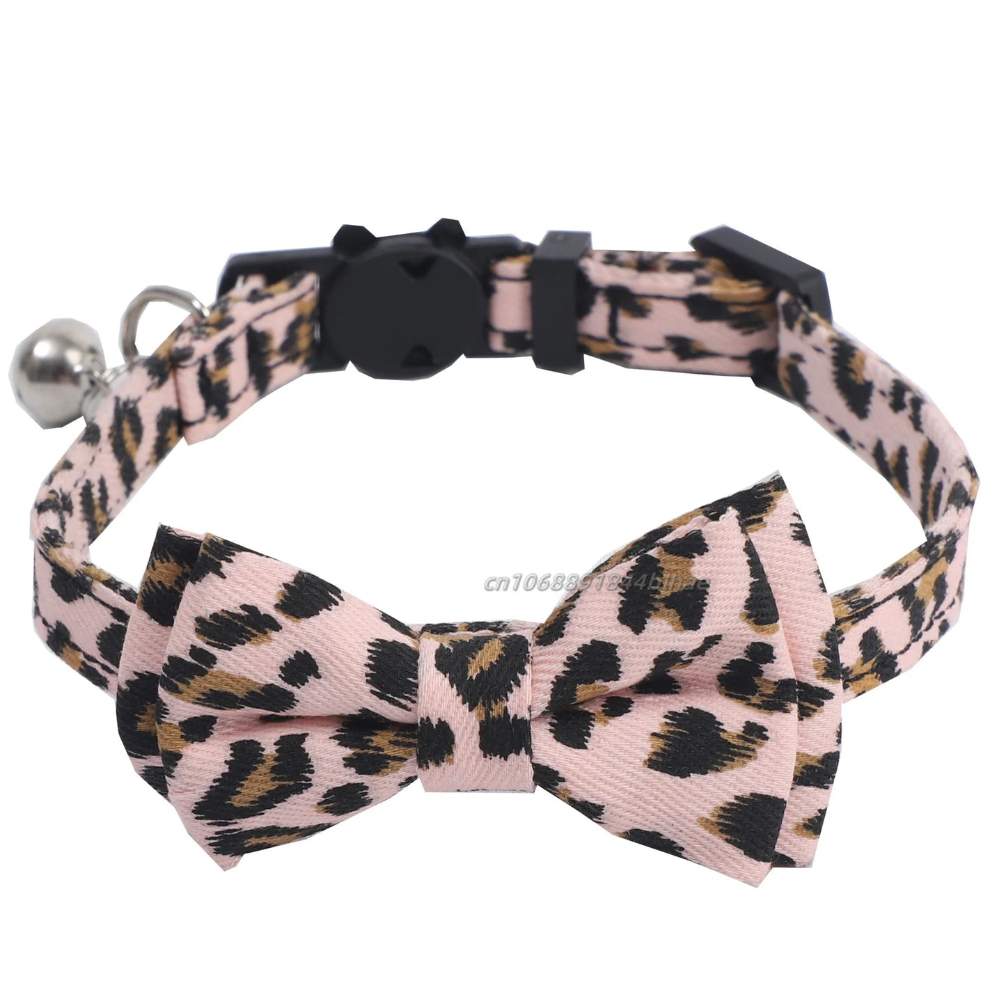Pet Leopard Cat Collar with Bell Adjustable Puppy Bow Necklace Outdoor Safety Anti-choking for Small Pets Walking Accessories