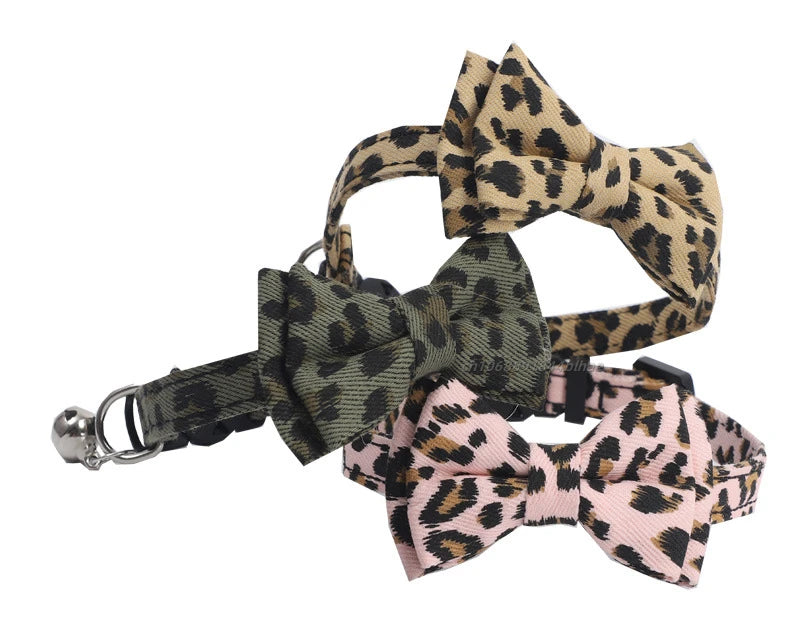 Pet Leopard Cat Collar with Bell Adjustable Puppy Bow Necklace Outdoor Safety Anti-choking for Small Pets Walking Accessories