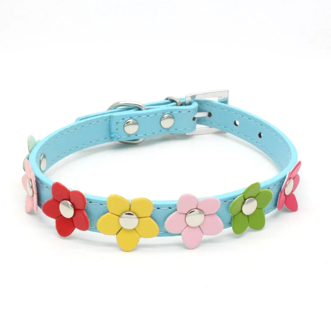 Portable Flowers Pet Dog Collar Leash PU Leather Cat Chain Neck Strap for Small Middle Large Animal Teddy Chihuahua Pug Fashion