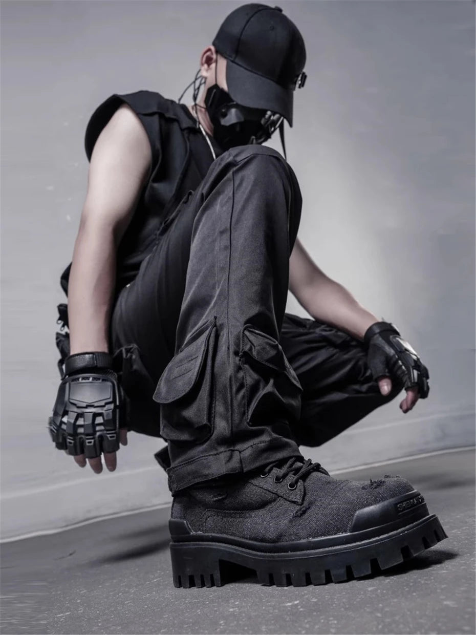 Tactical Cargo Pants Men Streetwear Hip Hop Multiple Pockets Paratrooper Trousers Functional Elastic Waist Casual Pant Techwear