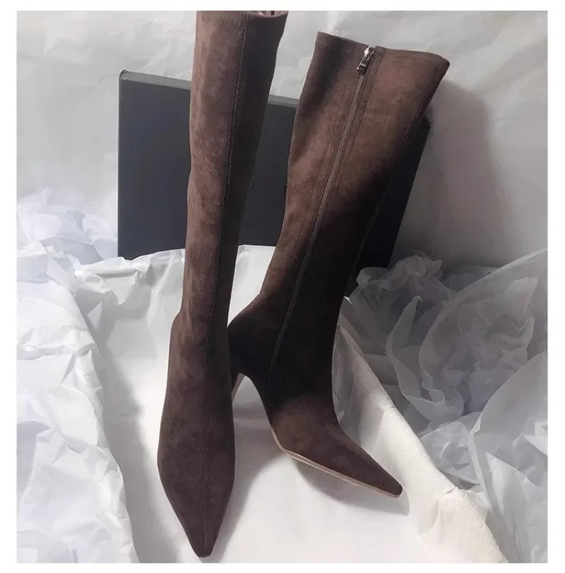 Pointed Toe Knee-High Boot Sexy Thigh High Boots Womens Side Zipper Suede Elastic High Heels Modern Shoe Zapatos De Mujer