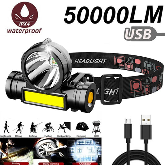 Super Rechargeable Headlight Cob Rechargeable Head-mounted Flashlight Led Fishing Waterproof Rechargeable Strong Headlight