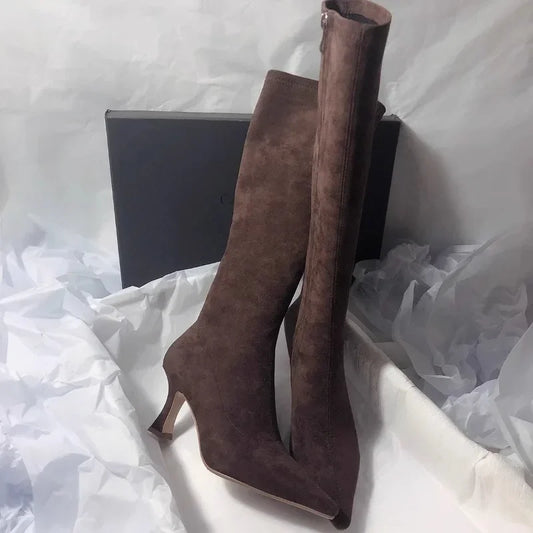 Pointed Toe Knee-High Boot Sexy Thigh High Boots Womens Side Zipper Suede Elastic High Heels Modern Shoe Zapatos De Mujer