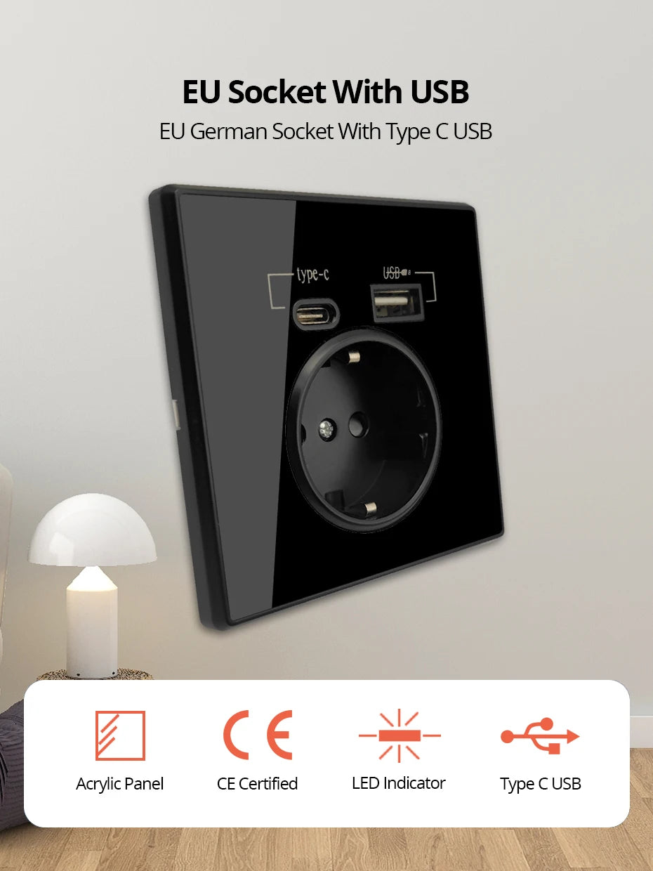 Type-C A Interface Outlet Acrylic Mirror Crystal Panel Black Wall EU Russia Spain French Socket With USB Charge 5V 2100mA Holder