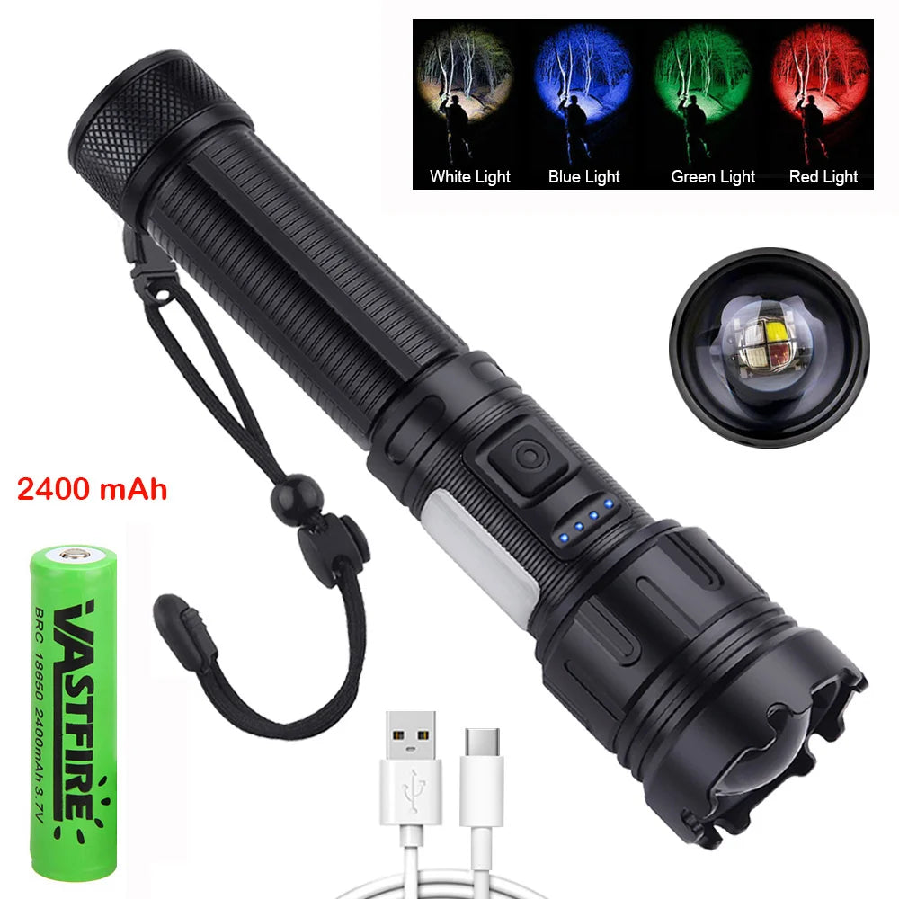 Tactical 4 in 1 Green Red Blue White Light LED Flashlight Type-C Fast Charging Torch for Hunting Fishing