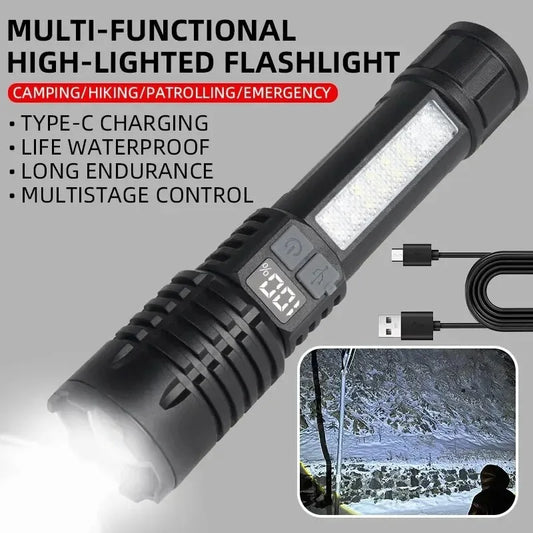 Tactical LED Flashlight High Power USB Rechargeable Camping Torch with Telescopic Zoom Emergency Spotlight Built-in Battery