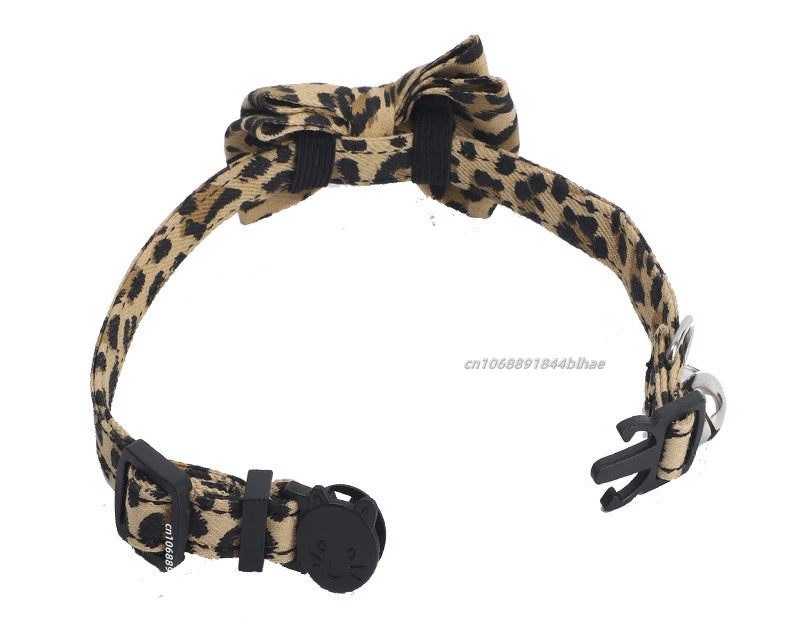 Pet Leopard Cat Collar with Bell Adjustable Puppy Bow Necklace Outdoor Safety Anti-choking for Small Pets Walking Accessories