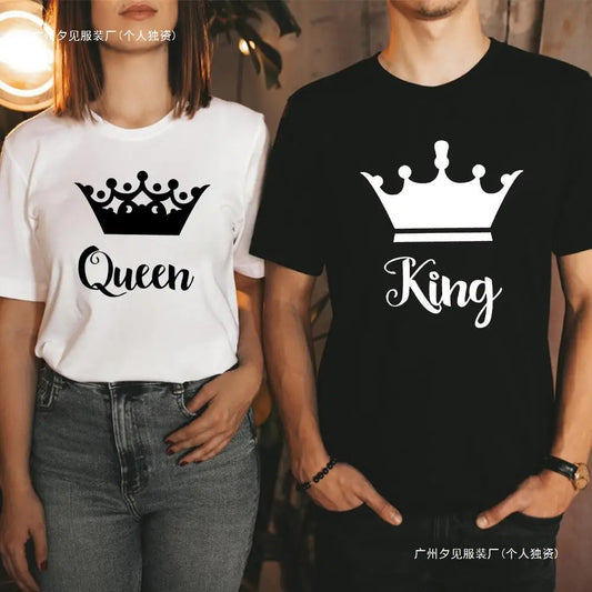 King Queen Crown Print Couple T Shirt Short Sleeve O Neck Wo Women Clothing Graphic T Shirts