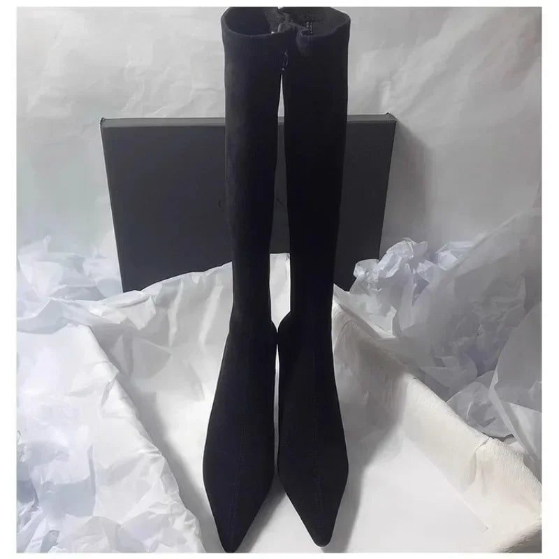 Pointed Toe Knee-High Boot Sexy Thigh High Boots Womens Side Zipper Suede Elastic High Heels Modern Shoe Zapatos De Mujer