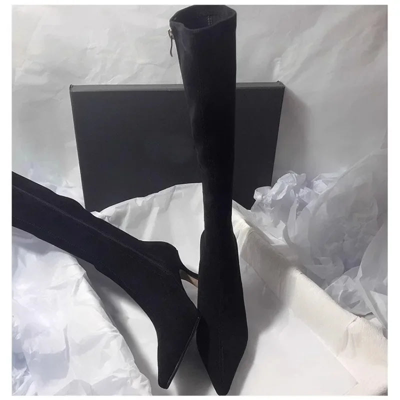 Pointed Toe Knee-High Boot Sexy Thigh High Boots Womens Side Zipper Suede Elastic High Heels Modern Shoe Zapatos De Mujer