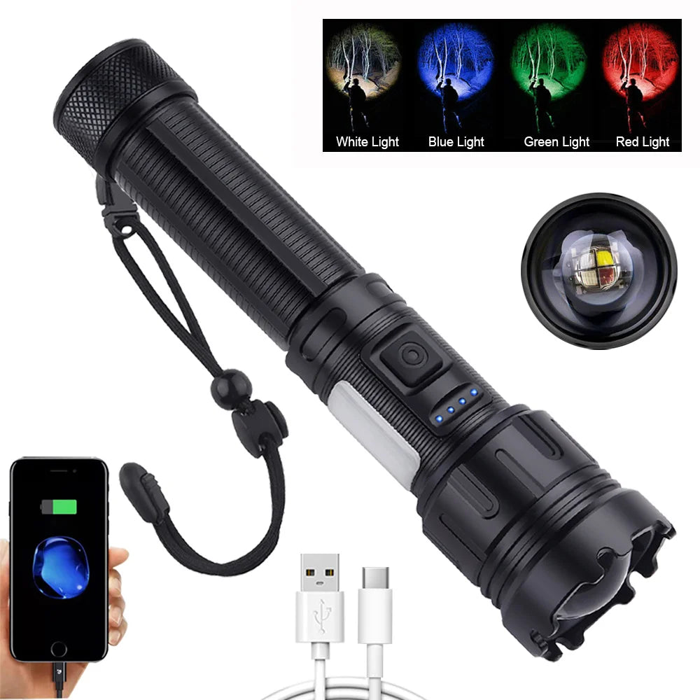 Tactical 4 in 1 Green Red Blue White Light LED Flashlight Type-C Fast Charging Torch for Hunting Fishing