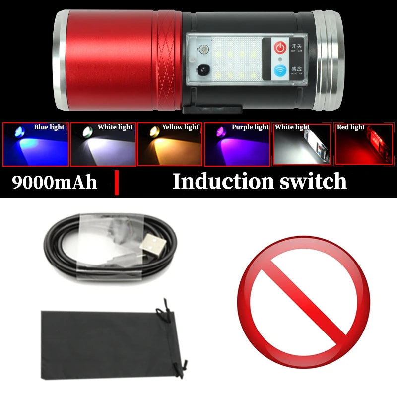 Super Bright Night Fishing Flashlight USB Rechargeable Searchlight Bait Purple Blue Handlamp 5 Light Source with Bracket