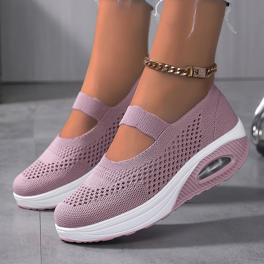 Round Toe Knitted Women'S Shoes With Thick Soles And Elevated Height, Single Shoe Size 35-43, Summer Breathable Casual Shoes