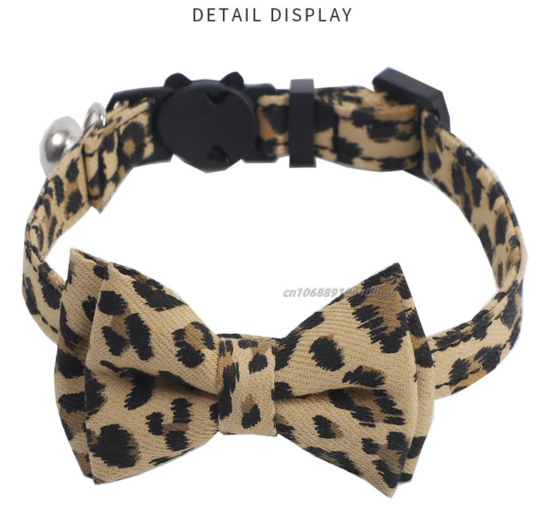 Pet Leopard Cat Collar with Bell Adjustable Puppy Bow Necklace Outdoor Safety Anti-choking for Small Pets Walking Accessories