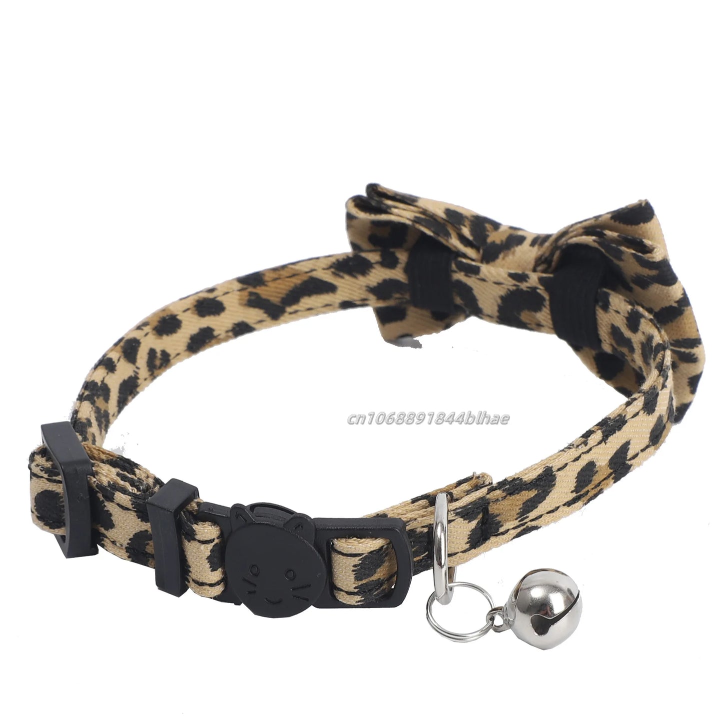 Pet Leopard Cat Collar with Bell Adjustable Puppy Bow Necklace Outdoor Safety Anti-choking for Small Pets Walking Accessories