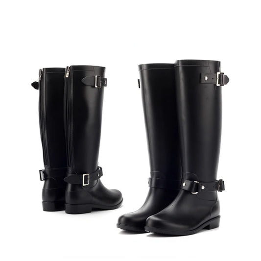 Rubber Boots for Women Waterproof Work Fashion Back Zipper Round Toe High Rain Boots Woman Water Shoes Botas De Caza Espanolas