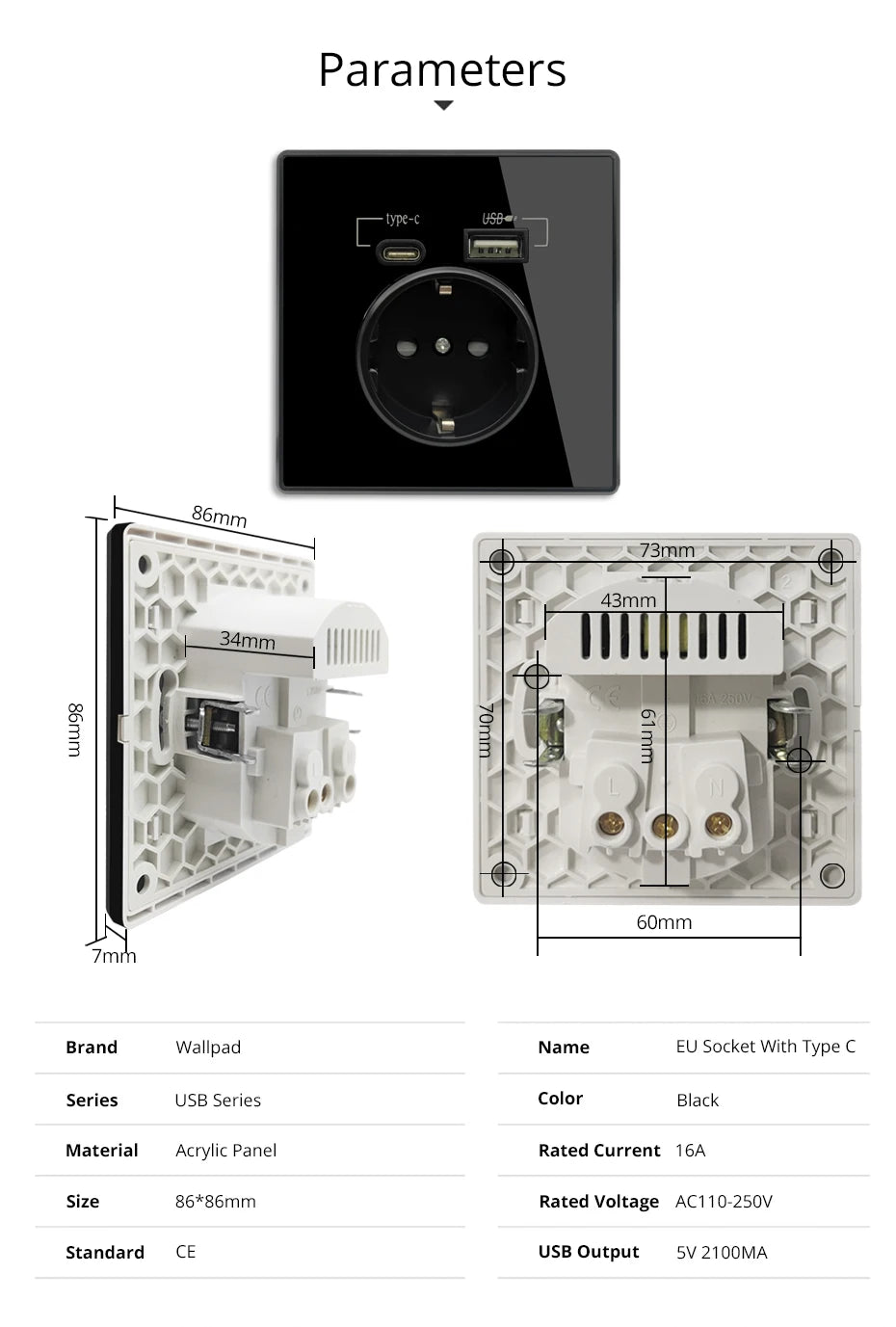 Type-C A Interface Outlet Acrylic Mirror Crystal Panel Black Wall EU Russia Spain French Socket With USB Charge 5V 2100mA Holder