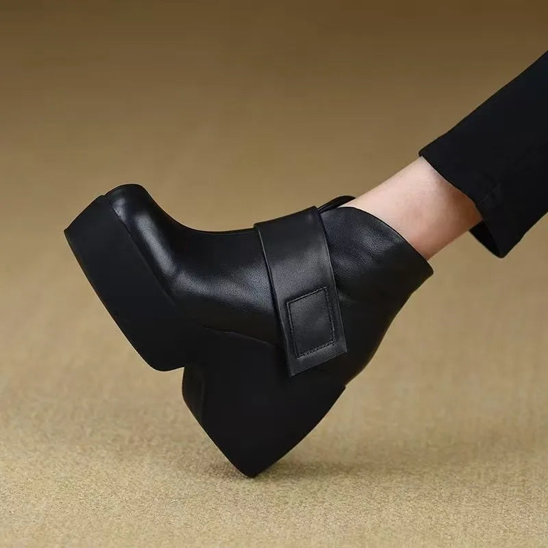 High Heeled Single Boots Women's Fashion Round Toe Side Zipper Platform Anti-Slip Wear-Resistant Short Shoe