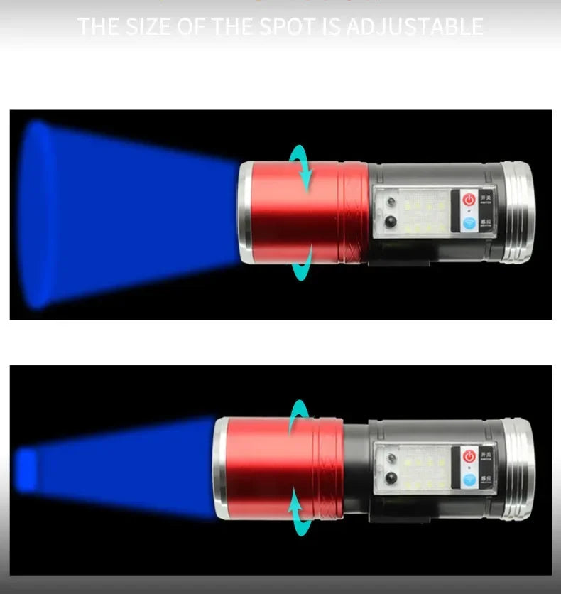 Super Bright Night Fishing Flashlight USB Rechargeable Searchlight Bait Purple Blue Handlamp 5 Light Source with Bracket