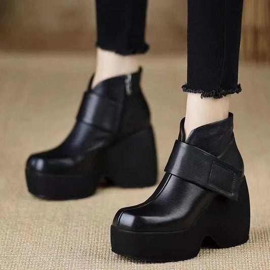 High Heeled Single Boots Women's Fashion Round Toe Side Zipper Platform Anti-Slip Wear-Resistant Short Shoe