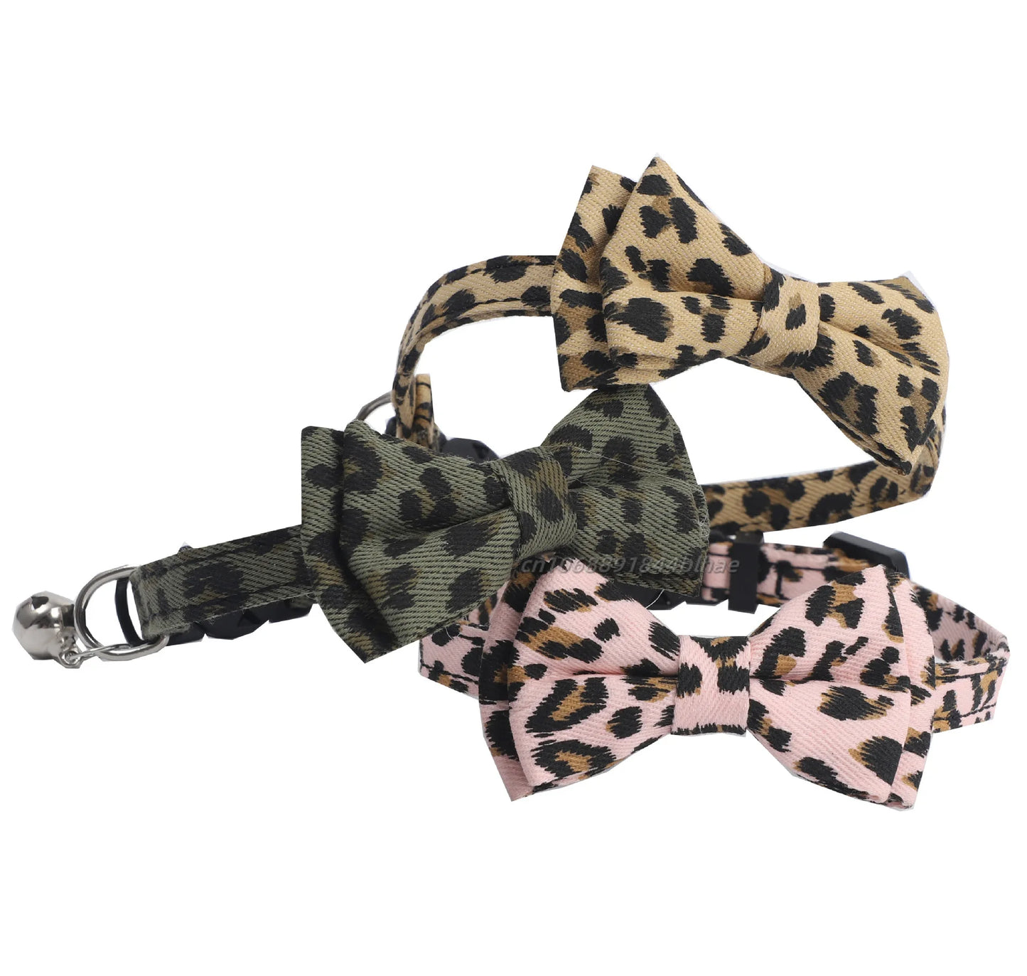 Pet Leopard Cat Collar with Bell Adjustable Puppy Bow Necklace Outdoor Safety Anti-choking for Small Pets Walking Accessories