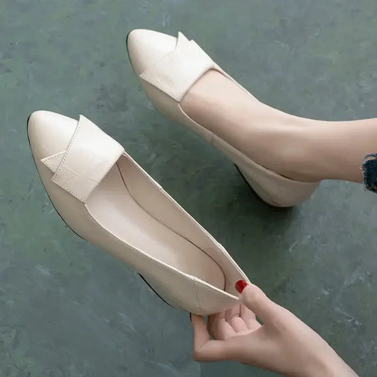Shoe Women's 2024 New Spring and Autumn Shallow Cut Thick Heel Pointed Toe Women's Shoes Soft Leather Soft Sole Shoes Work Shoes