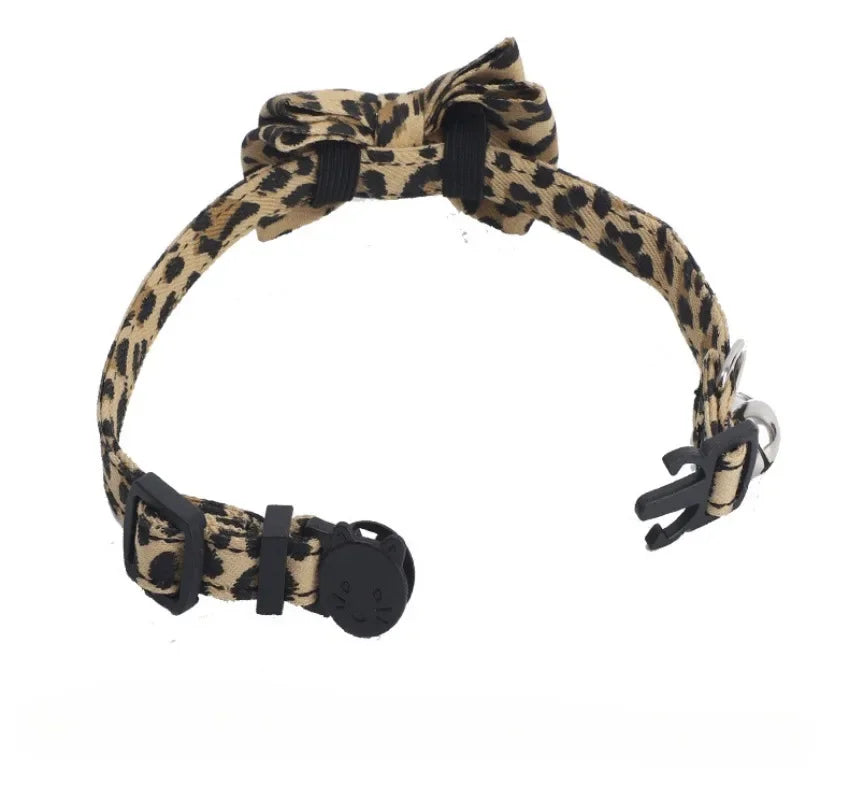 Pet Leopard Cat Collar with Bell Adjustable Puppy Bow Necklace Outdoor Safety Anti-choking for Small Pets Walking Accessories